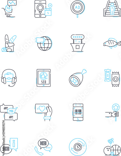 Vend linear icons set. Convenience, Automated, Sales, Refreshments, Cashless, Business, Technology line vector and concept signs. Retail,Confectiry,Vending outline illustrations Generative AI
