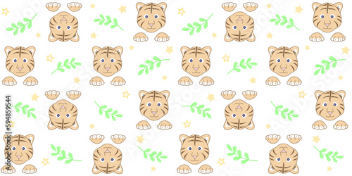 Cute tiger cub face with paws, green twigs and small stars on a white background. Endless texture with a little animal. Vector seamless pattern for kids cover, wrapping paper, surface texture or print