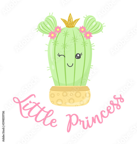 Pink hand lettering phrase Little Princess, cute cactus girl with crown and pink flowers in her hairstyle on a white background. Kawaii plant character in flower pot and a thematic inscription. Vector