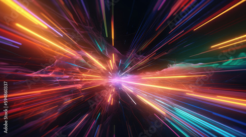Futuristic illustration of colorful light trails with motion blur effect. Sci-fi sf space. generative AI. © junghc1