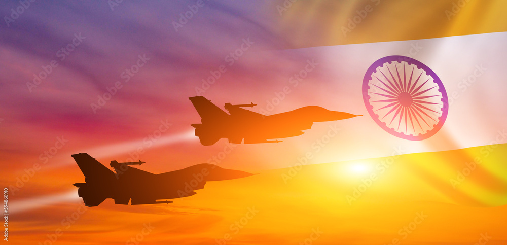 Group of aircraft fighter jet airplane. India flag. Air force day. 3d illustration - obrazy, fototapety, plakaty 