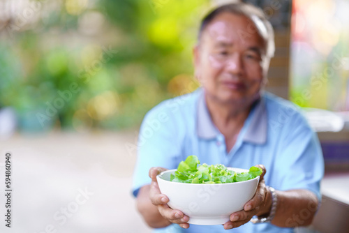 An elderly man holding a white bowl with lettuce. Healthy food concept.
