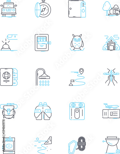 Adventure trips linear icons set. Expedition, Safari, Trekking, Exploration, Rafting, Climbing, Hiking line vector and concept signs. Canoeing,Mountaineering,Adventure outline Generative AI