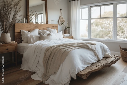 A calming, beachy bedroom with white linen bedding, driftwood accents, and natural wood floorboards, generative ai