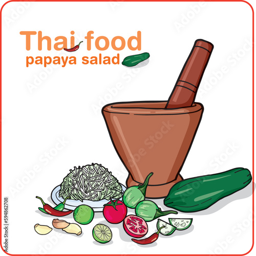 Ready-to-paint paintings of Thai food, papaya salad, containing ingredients for this type of cooking with mortar.