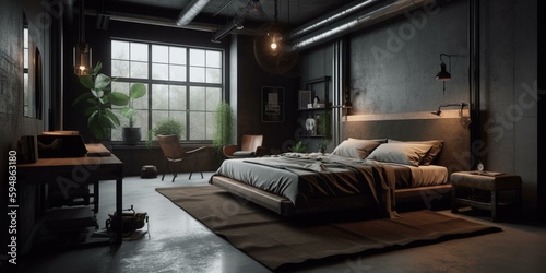 A moody, masculine Bedroom with leather and concrete textures, accented by industrial furniture and dramatic pendant lighting, generative ai © LivingStyle