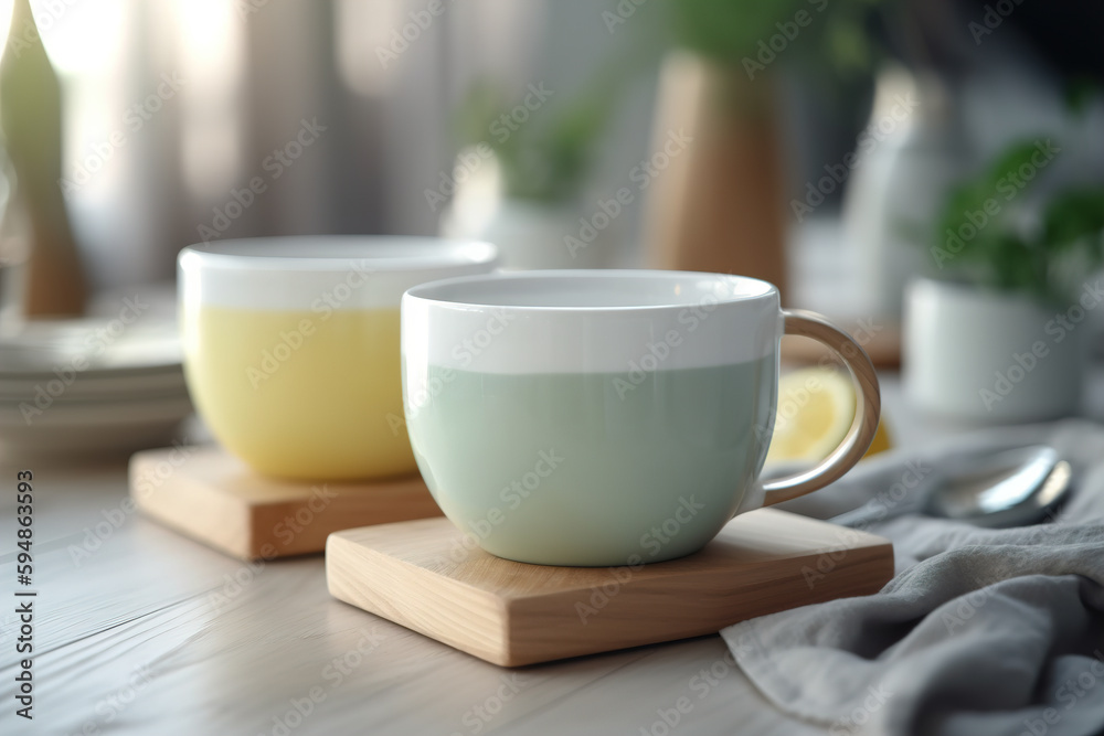 Fototapeta premium Two pastel colored small cups on the table, Generative AI