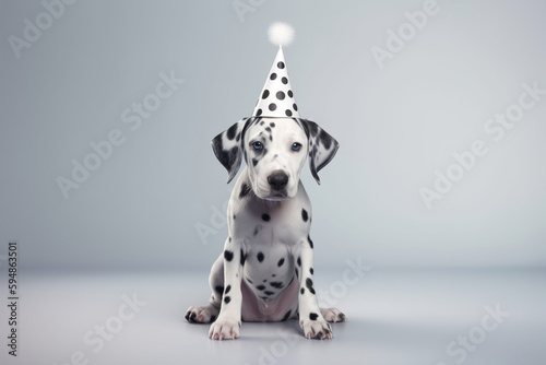 Funny dalmatian dog in birthday cap, Generative AI