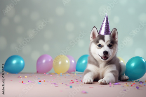 Funny husky dog in birthday cap, Generative AI © Natalya
