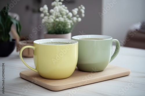 Two pastel colored small cups on the table, Generative AI