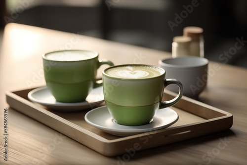 Two cups of hot green matcha latte tea, Generative AI