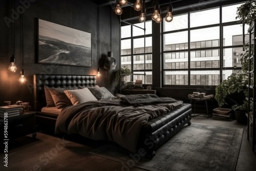 A chic and edgy Urban Industrial Bedroom with black leather furnishings and metal accents, generative ai