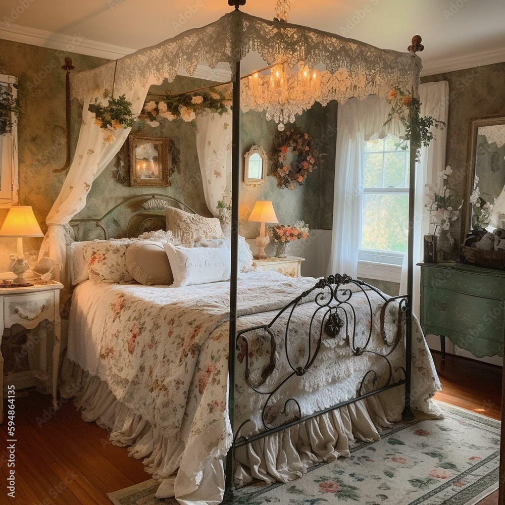 A romantic Cottagecore bedroom with a beautiful wroughtiron bed frame