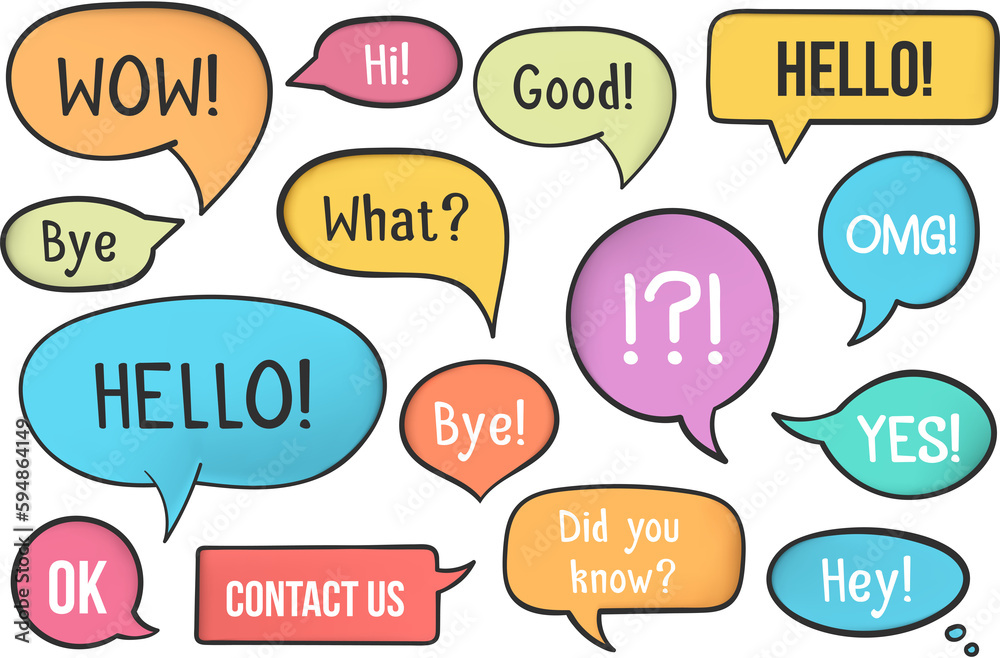 Set of colored hand drawn speech bubbles with different phrases Set of colored hand drawn speech bubbles with different phrases