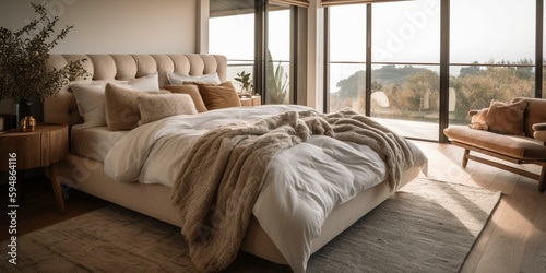A cozy and relaxed bedroom styled with a plush throw blanket and a modern tufted bed frame, accompanied by an array of stylish throw pillows, generative ai © LivingScape