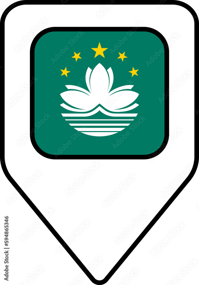 Macau flag map pin navigation icon, square design. Macau flag map pin navigation icon, square design.