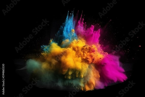 Happy Holi. Colorful Holi Festival. The colorful explosion of Happy Holi powder. Color powder explosion background. Generative AI © Kamila