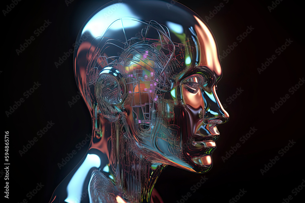 Obraz premium Abstract 3D render illustration of holographic human face in the wall