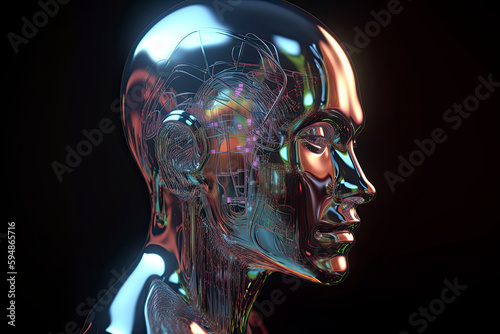 Abstract 3D render illustration of holographic human face in the wall