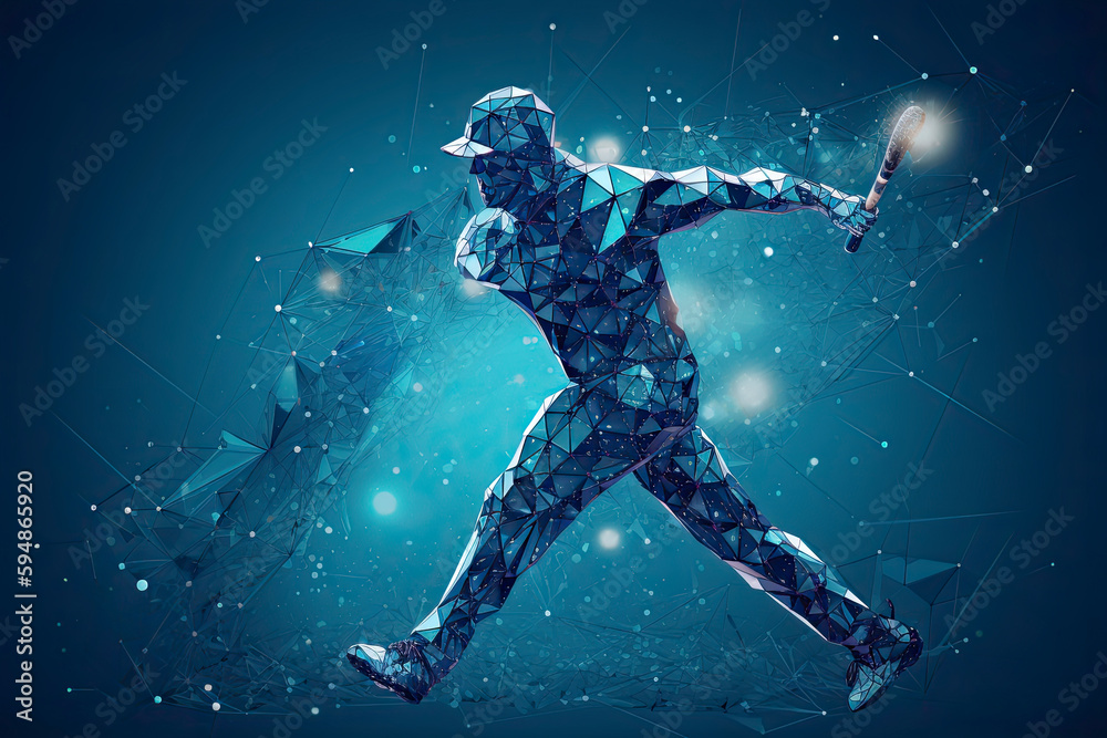 Abstract baseball player from particles, lines and triangles on blue background Abstract baseball player from particles, lines and triangles on blue background