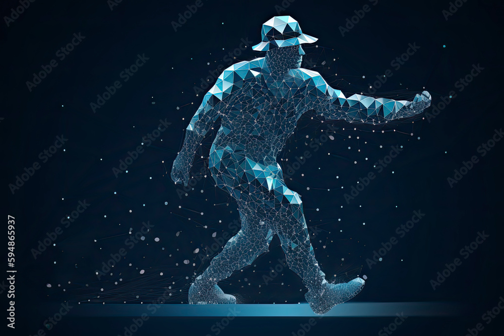 Abstract baseball player from particles, lines and triangles on blue background Abstract baseball player from particles, lines and triangles on blue background