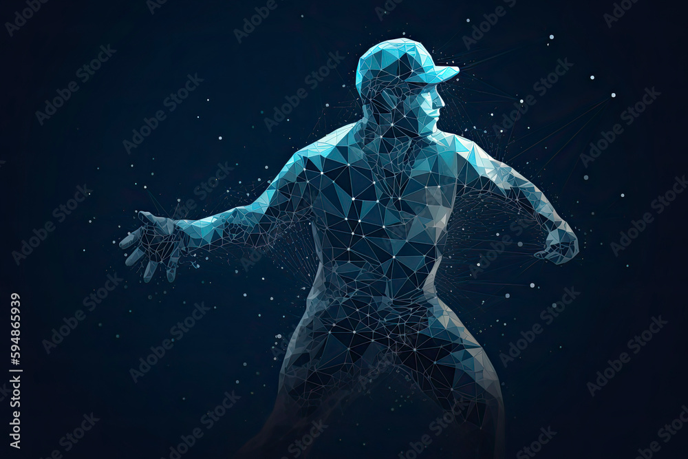 Fototapeta premium Abstract baseball player from particles, lines and triangles on blue background
