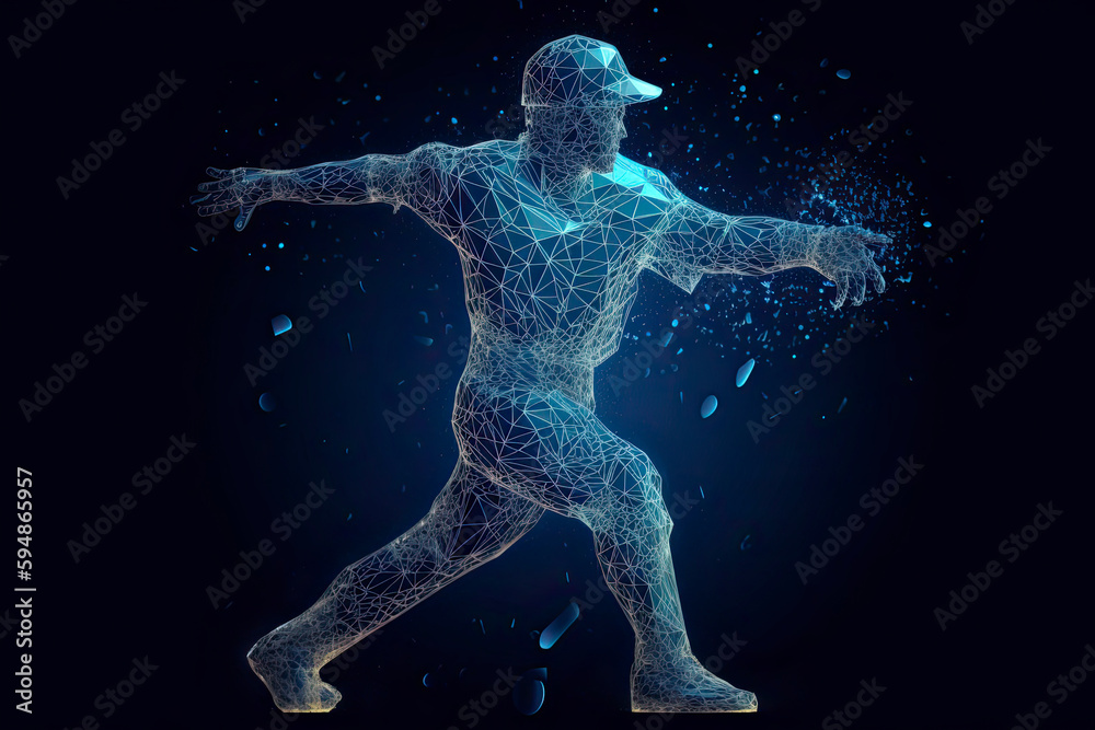 Abstract baseball player from particles, lines and triangles on blue background