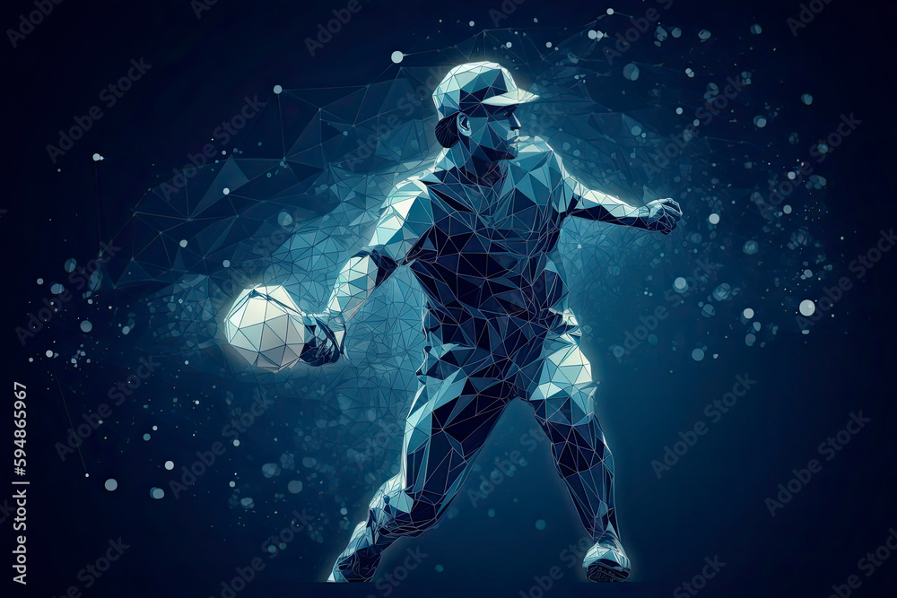 Abstract baseball player from particles, lines and triangles on blue background Abstract baseball player from particles, lines and triangles on blue background