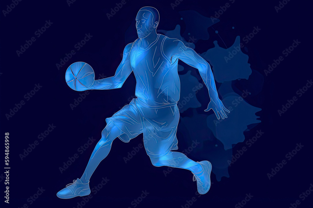 Abstract silhouette of a basketball player man in action isolated blue background