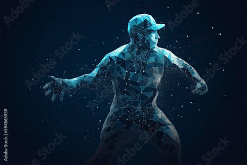 Abstract baseball player from particles  lines and triangles on blue background
