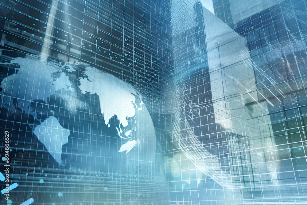Double exposure of abstract creative financial chart hologram and world map on modern business