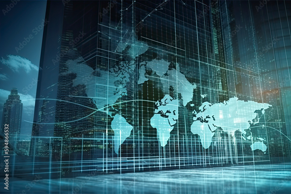 Double exposure of abstract creative financial chart hologram and world map on modern business