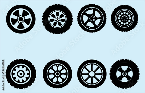 Car and other vehicle wheel flat icons set on white background. Multiple style tyre and wheel for gaming and other designing. Editable vector, easy to reuse. eps 10. photo