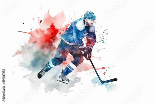 Ice hockey player hits the puck on a white background. Watercolor style