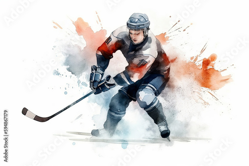Ice hockey player hits the puck on a white background. Watercolor style