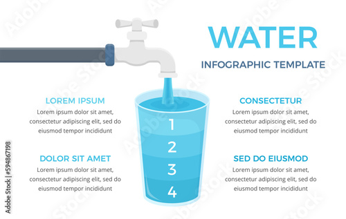 Glass with water divided on four parts with place for numbers and text, water infographics template, vector eps10 illustration