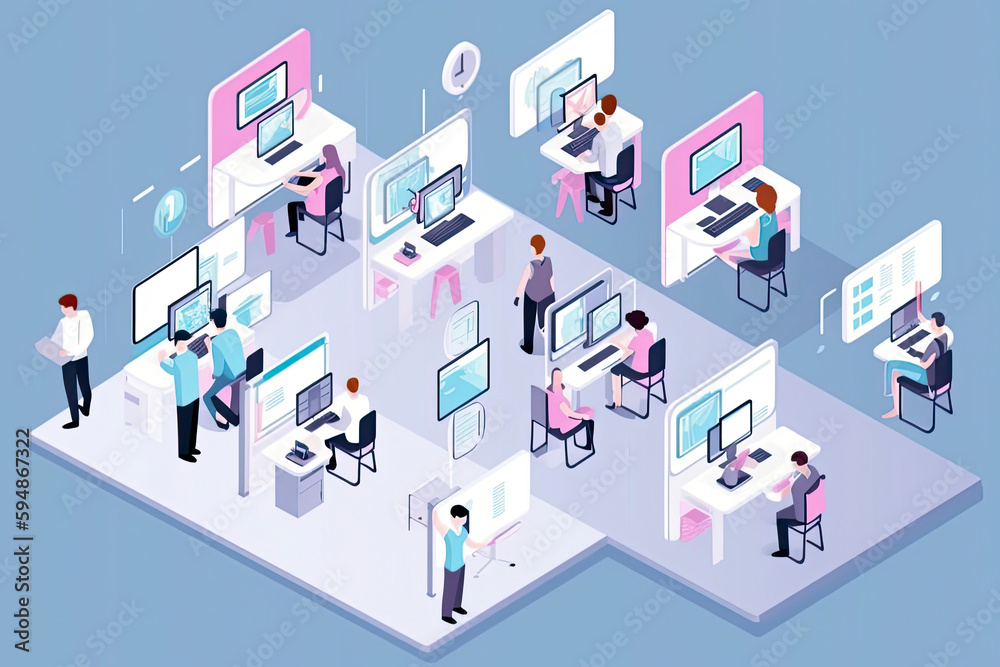 Isometric virtual office. Business people working together, technology companies workspace