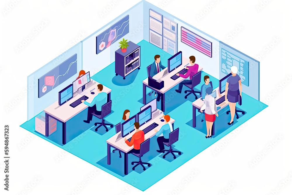 Isometric virtual office. Business people working together, technology companies workspace Isometric virtual office. Business people working together, technology companies workspace