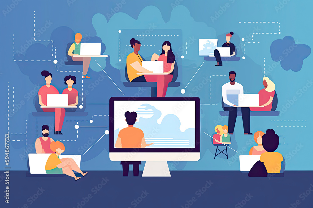 people connecting together, learning or meeting online with teleconference, video conference remote working