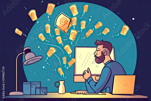 Programmer with light bulb for a head stares at his computer where an envelope gets filled with coins and bills falling from the sky