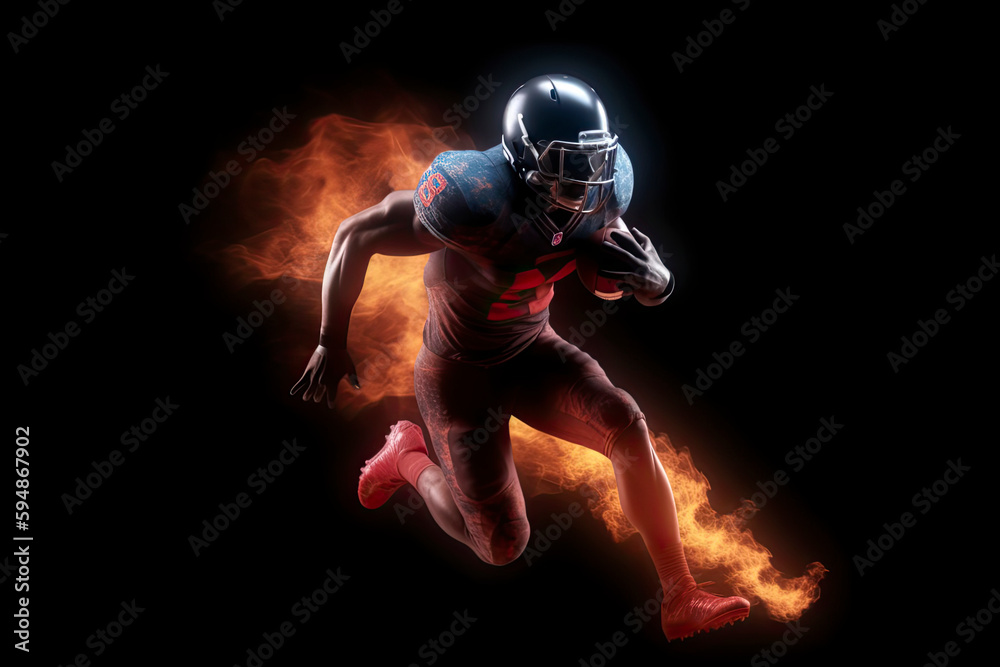 Silhouette of American football player, player in action on fire. Isolated on black background