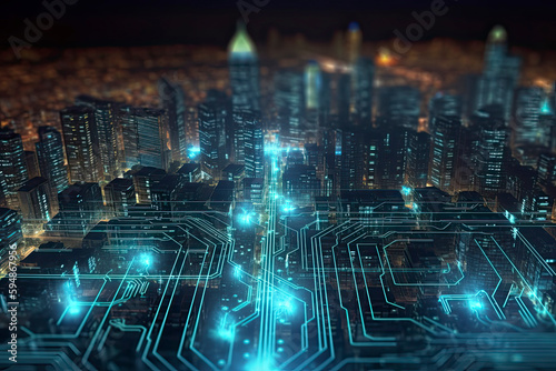 Smart city on circuit board background. Futuristic cyberspace concept