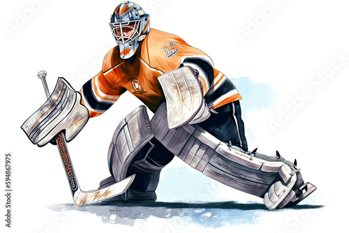 Illustration of a professional ice hockey player goalkeeper in action on white background photo