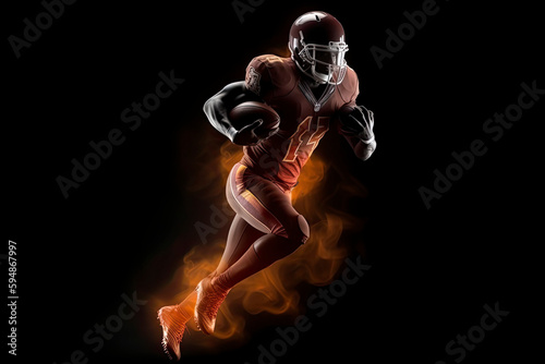 Silhouette of American football player  player in action on fire. Isolated on black background