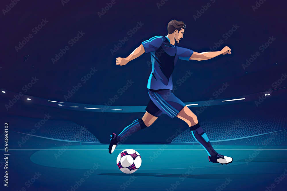 Soccer Player Kicking Ball. Football Player In Action On Stadium