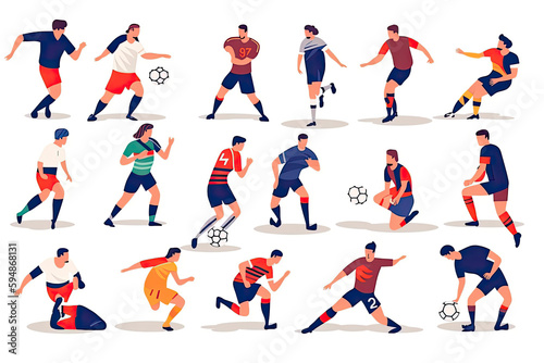 Soccer stadium players. Football match, athletes fighting, kicking ball, dynamic poses of people