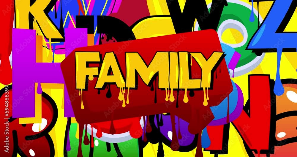Family Graffiti word animation. Abstract modern street art business text design video performed in urban painting style.
