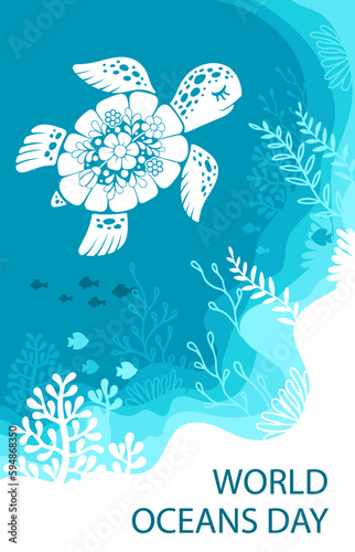 Decorative stylized image of a sea turtle and underwater life. World oceans day