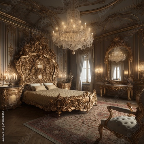 A Regal Baroque Bedroom palace-like setting with ornate gilded detailing, full of silk textures and luxurious furnishing and intricate lighting fixture, generative ai