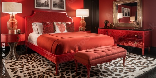 A bold Hollywood Regency Bedroom anchored by a red lacquered platform bed, tiger print rug, and mirrored dresser, generative ai